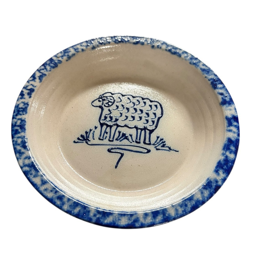 Vintage Eldreth Pottery Cobalt Blue Stoneware Pie Plate Lamb Sheep Signed 1992